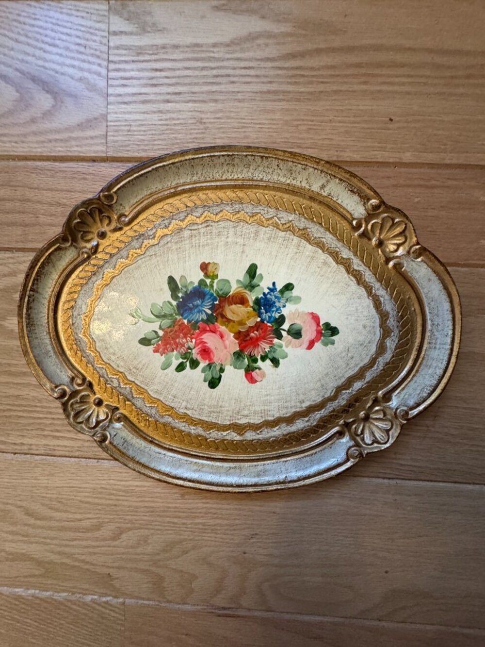 Vintage Italian Florentine Wood Serving Tray Gilt Flowers